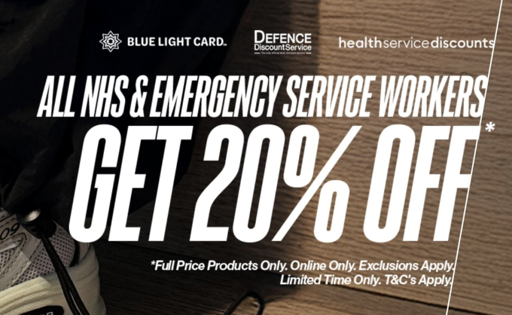 Promotional banner offering 20 off for nhs and emergency service workers with blue light card and defence discount service logos visible