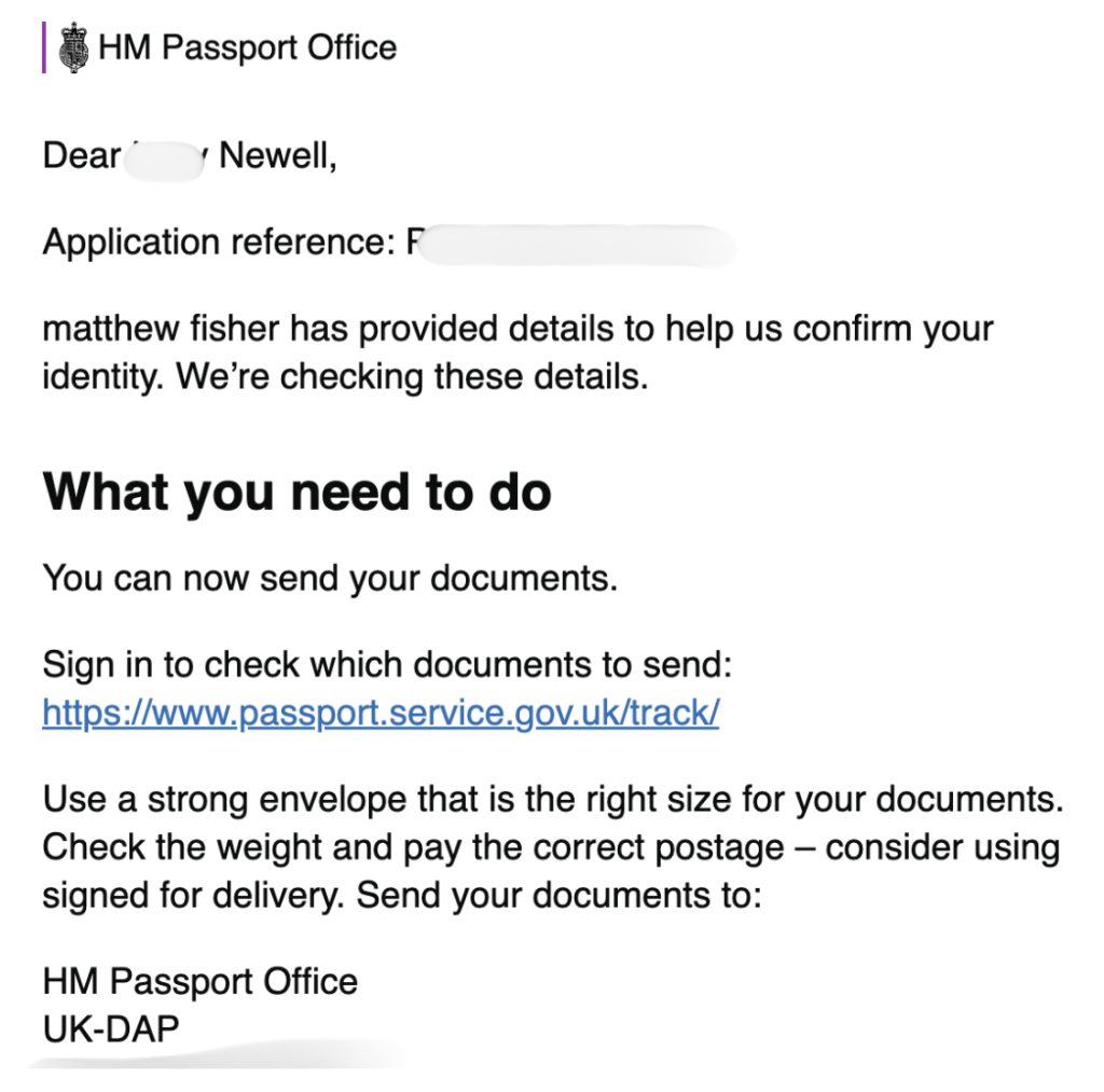 Screenshot of an hm passport office email addressed to the recipient outlining steps to send documents and a track link passport Service Gov Uktrack