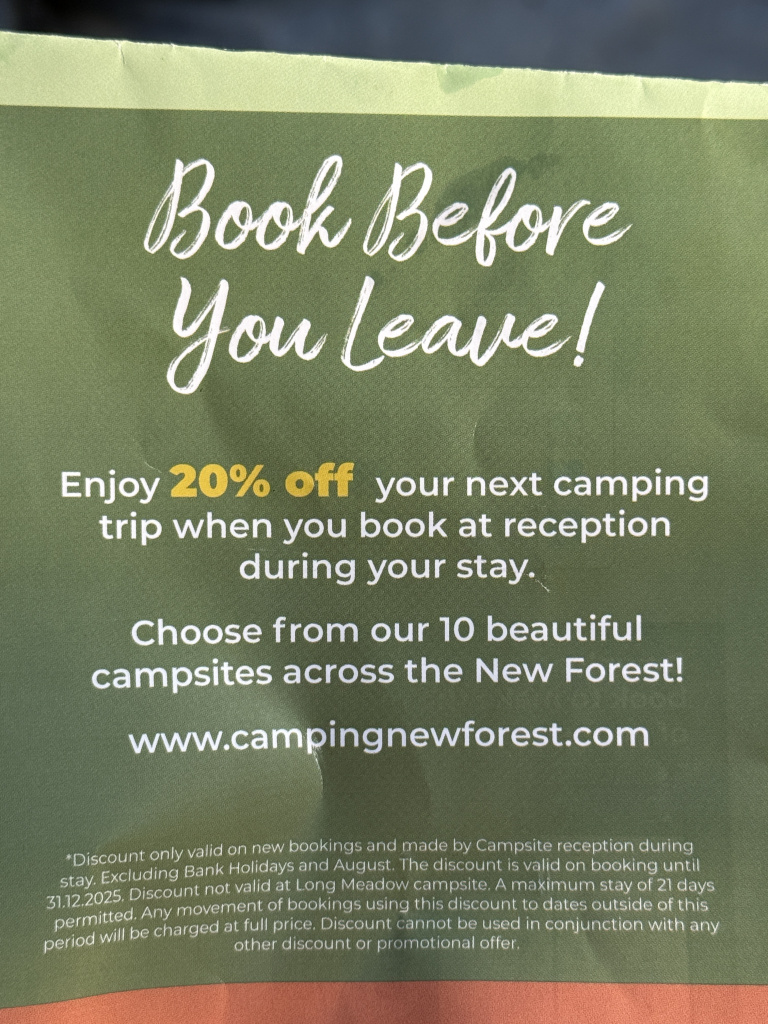Green promotional flyer reading book before you leave  with a 20 off offer for camping trips at reception text heavy design