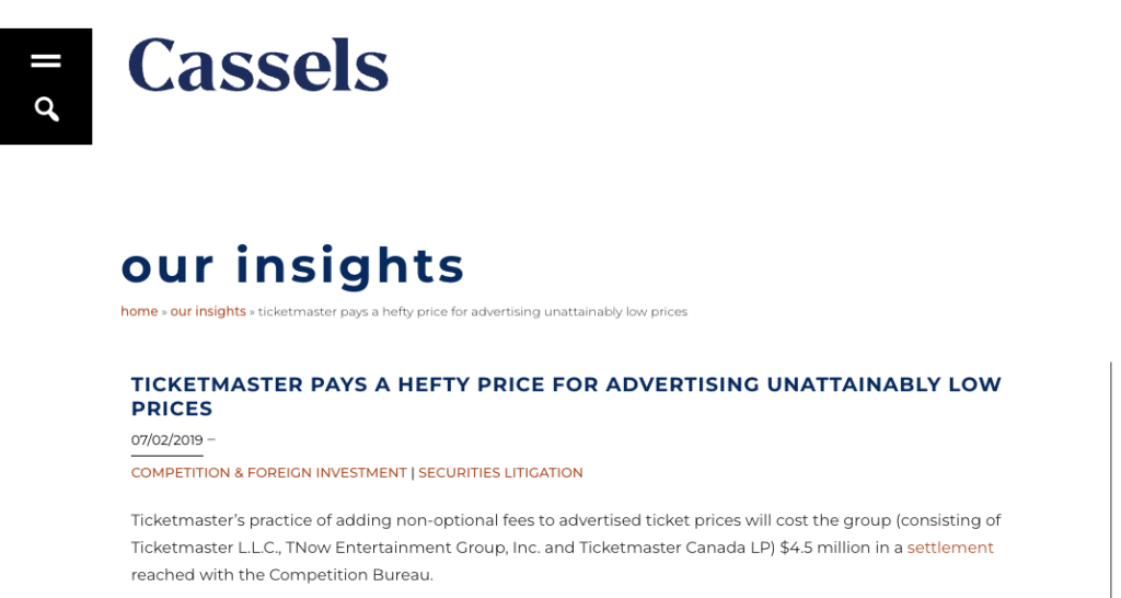 Cassels insights page header with the cassels logo and left navigation block showing the page title our insights and the article headline ticketmaster pays a hefty price for advertising unattainably low prices dated 07022019 with orange category links
