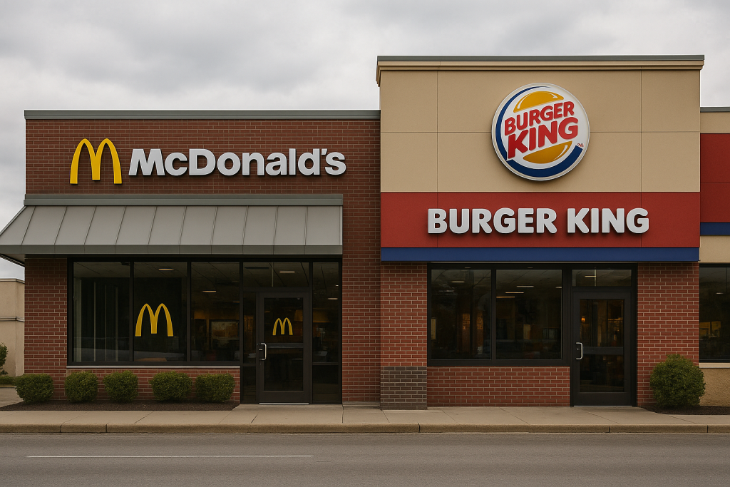 Exterior of a strip mall showing mcdonalds on the left and burger king on the right with large logos and signage brick facade