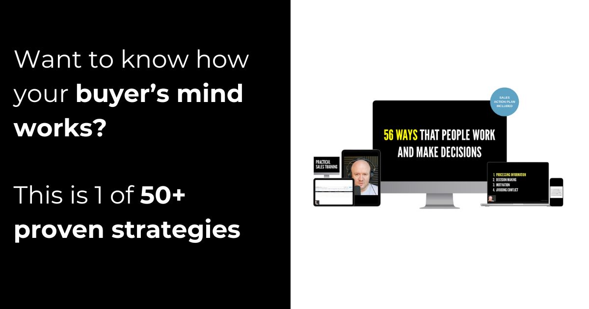 Promotional hero showing a marketing headline on a black panel left and a devices collage with the title 56 ways that people work and make decisions on white background right