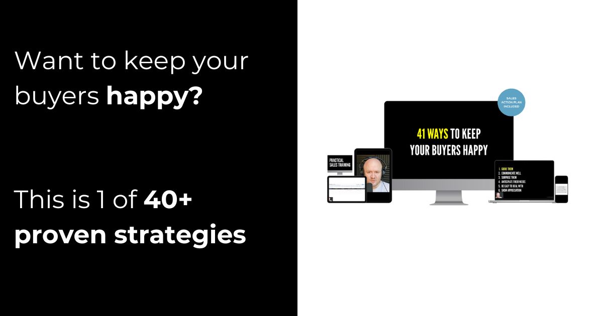 Split layout marketing image left side with bold text asking to keep buyers happy right side shows devices around a monitor displaying 41 ways to keep your buyers happy