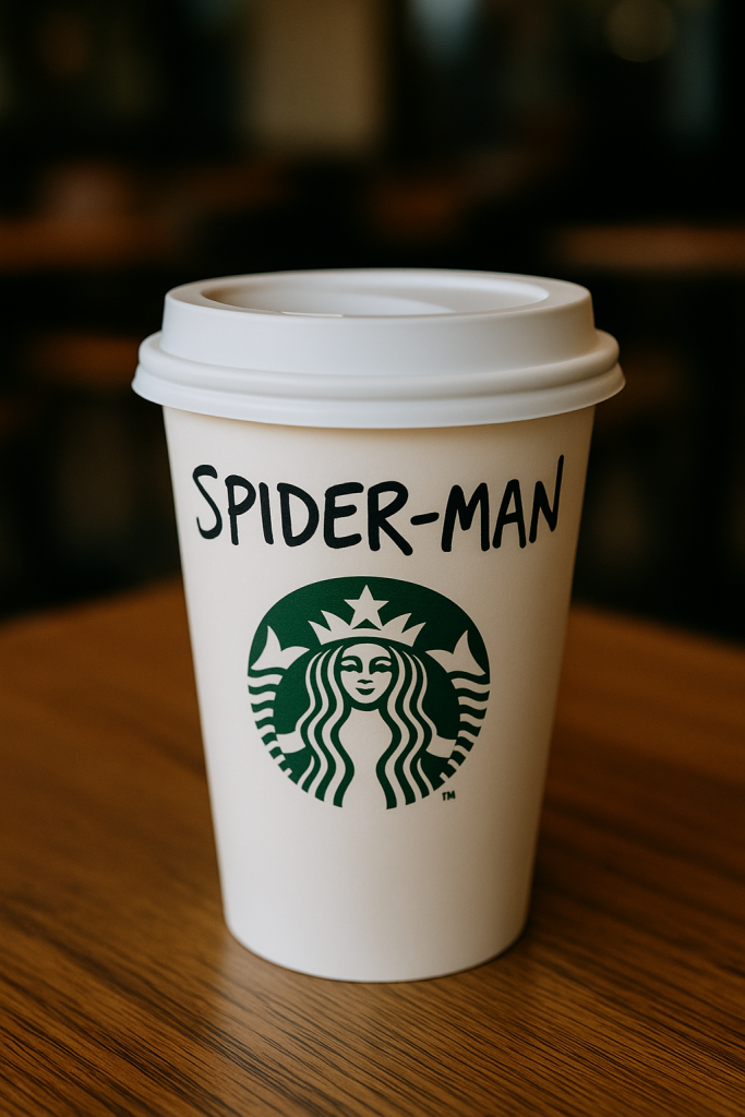 Spiderman cup White disposable coffee cup on a wooden table with spider man text above the green starbucks siren logo
