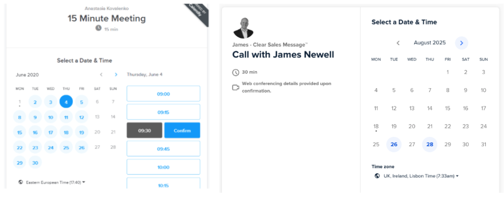 Scheduling page to book a 15 minute meeting with james newell showing available june 2020 time slots and a confirm button