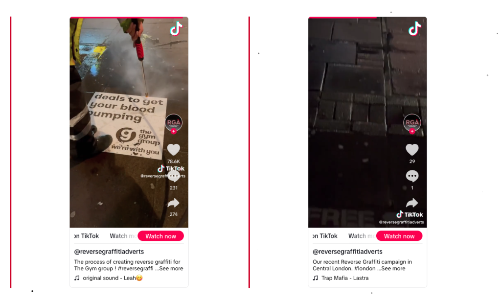 Screenshot 2025 08 15 at 14 53 30 Two vertical tiktok video previews side by side showing reverse graffiti ads on pavement left card shows a worker spraying a poster reading deals to get your blood pumping Right card shows a dark wet pavement with no readable text