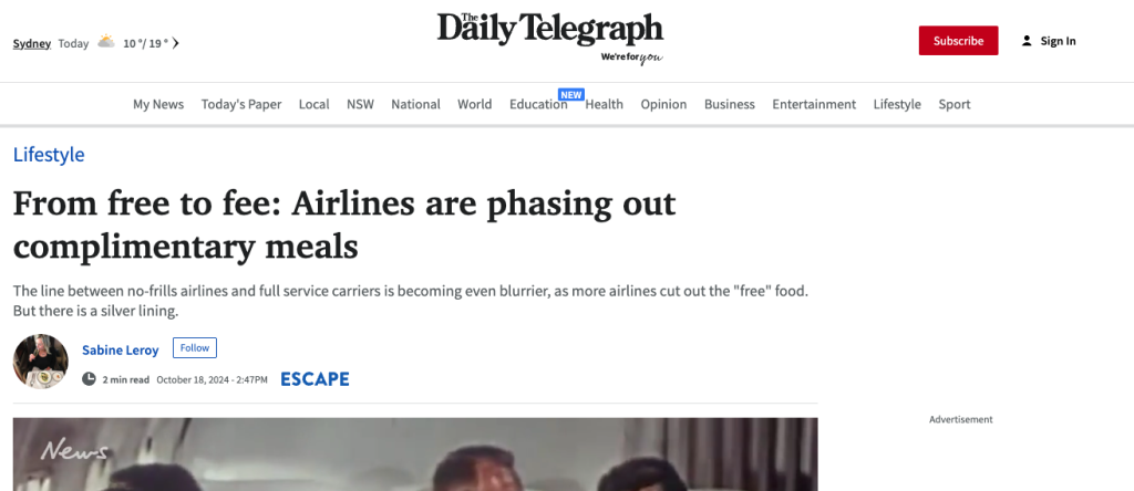 Screenshot 2025 08 06 at 07 37 22 Daily telegraph lifestyle article header from free to fee airlines are phasing out complimentary meals by sabine leroy with author photo