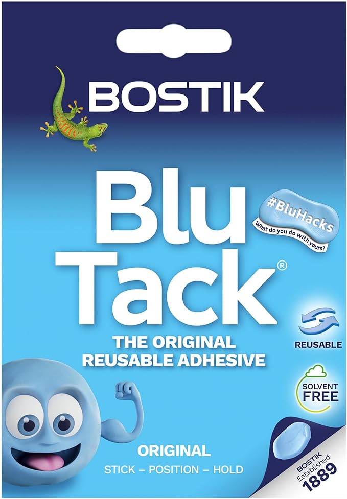 Blue blu tack packaging with bostik logo a smiling blue mascot and the label blu tack  the original reusable adhesive informativeproduct packaging
