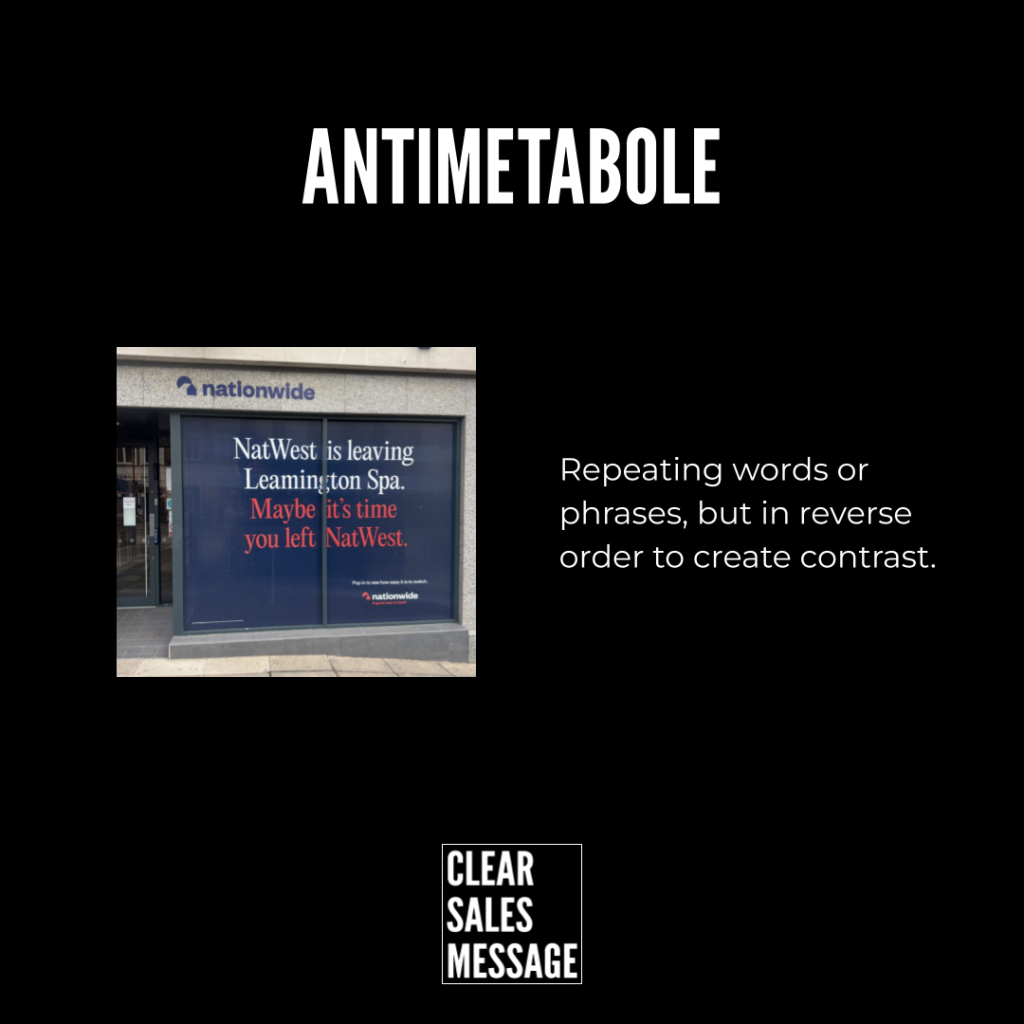 Black slide titled antimetabole left natwest storefront ad about leaving natwest right text explains reverse order contrast bottom clear sales message logo