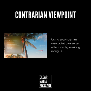 Black hero banner with the title contrarian viewpoint left a palm tree photo with an auto reply message right side caption about contrarian viewpoints bottom displays clear sales message logo