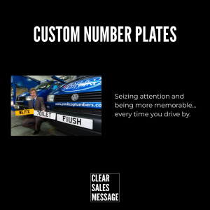 Black advertising banner reading custom number plates with a man beside a blue service van on the left and a caption about grabbing attention on the right