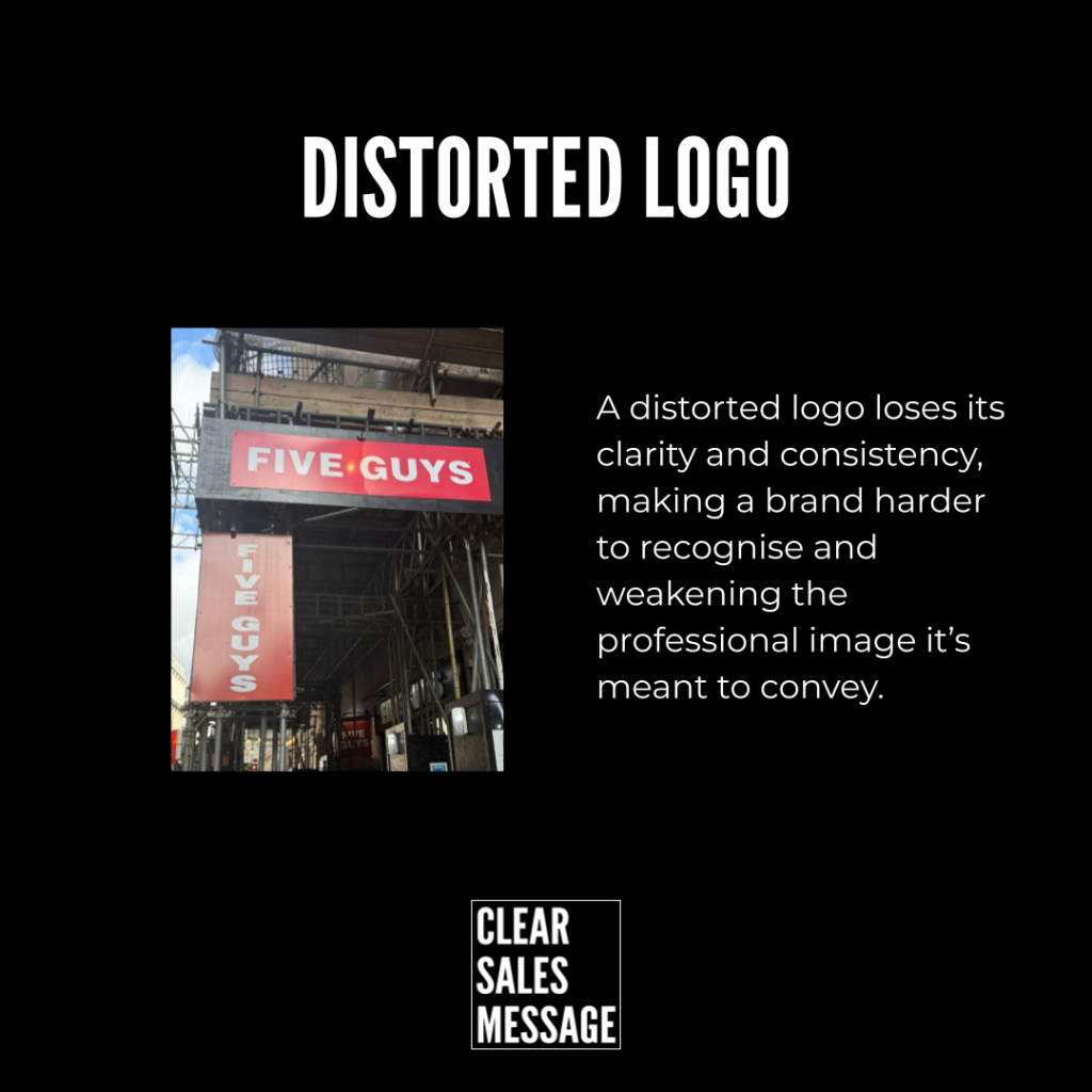 Distorted logo Black page with the title distorted logo left shows a five guys storefront photo right displays a paragraph about distorted logos bottom features a clear sales message logo