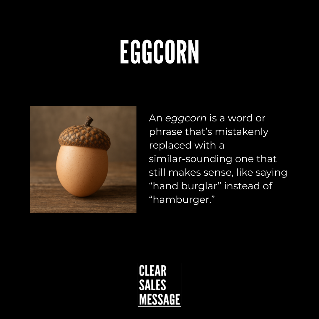 Eggcorn Eggcorn concept egg wearing an acorn cap beside its definition on a black background with a clear sales message logo