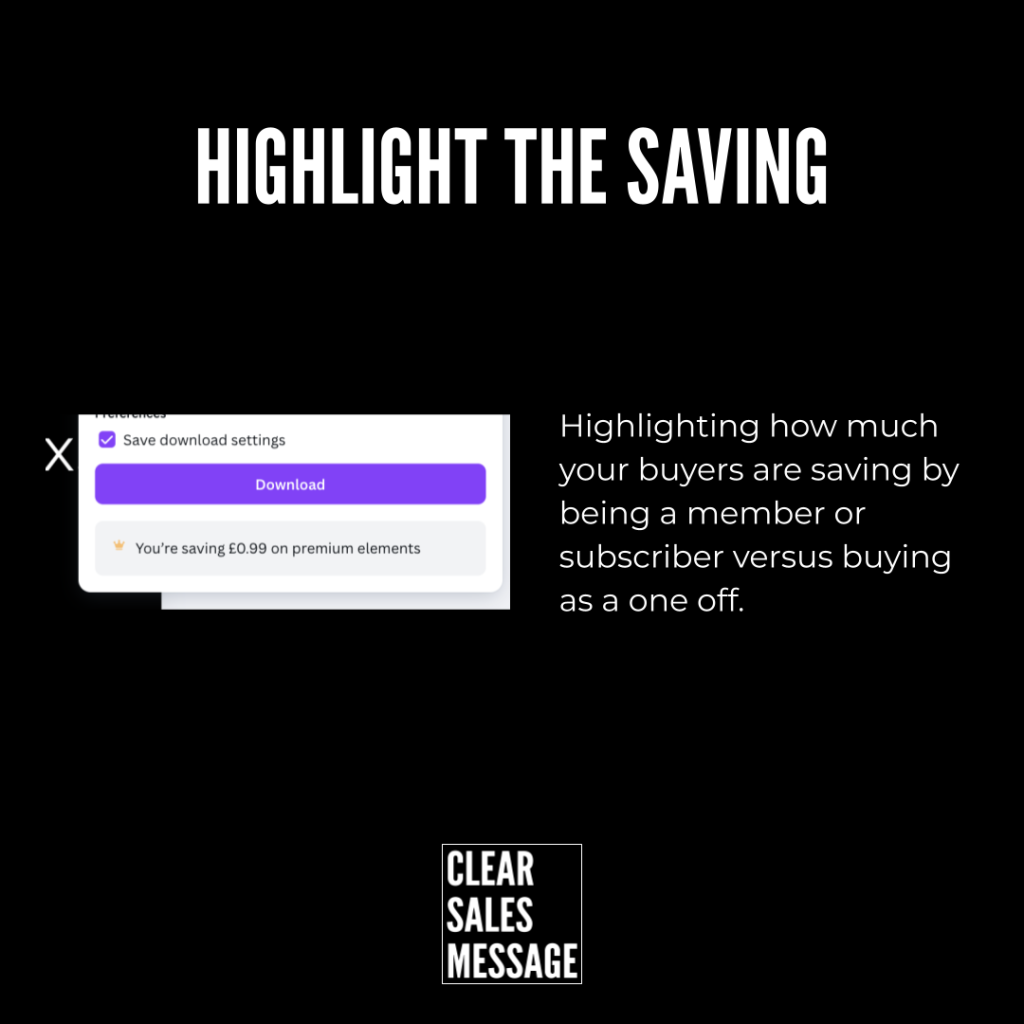 Black hero slide with bold highlight the saving text right column explains buyer savings small popup image on left and a clear sales message logo below