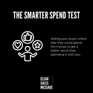 The smarter spend test Bold black hero with title the smarter spend test left icon of a person surrounded by heart thumbsup and star circles right side paragraph about asking buyers where else they could spend to get a better result bottom clear sales message logo