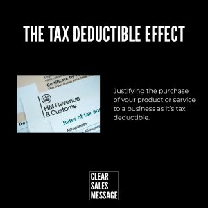 The tax deductible effect Black poster with the title the tax deductible effect left side shows tax documents image right side has text about tax deductible purchases bottom center shows clear sales message logo