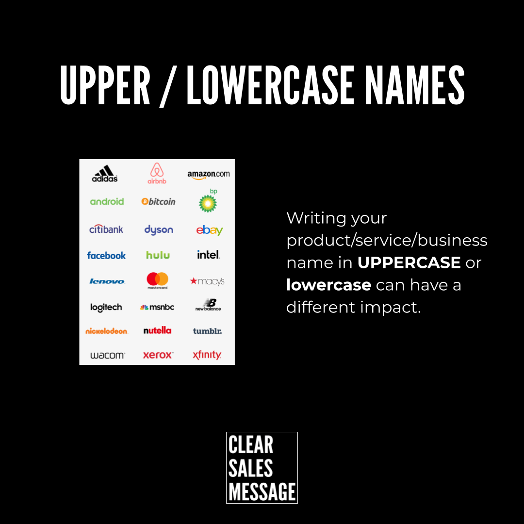 Black slide with title upper  lowercase names left a grid of logos right a paragraph about uppercase vs lowercase impact bottom clear sales message box