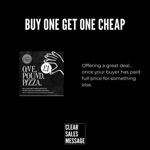 Large black banner with the headline buy one get one cheap left shows a pizza deal image with a hand holding a coin right column contains descriptive text about paying full price bottom includes a small clear sales message logo