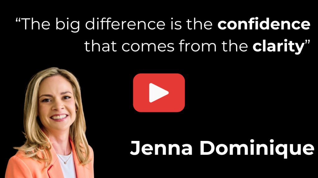 Vimeo thumbnails Video thumbnail quote on black background red play button centered jenna dominiques headshot lower left the big difference is the confidence that comes from the clarity