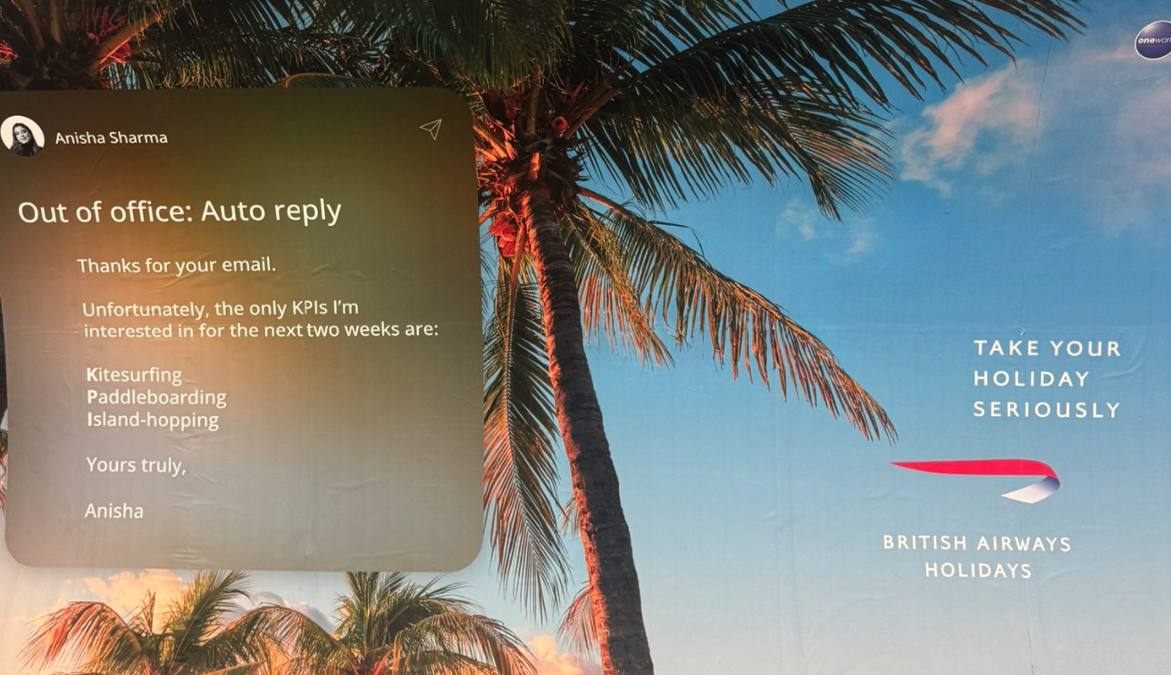 Auto reply out of office message titled out of office auto reply listing kpiskitesurfing paddleboarding island hoppingon a tropical beach backdrop with ba holidays branding