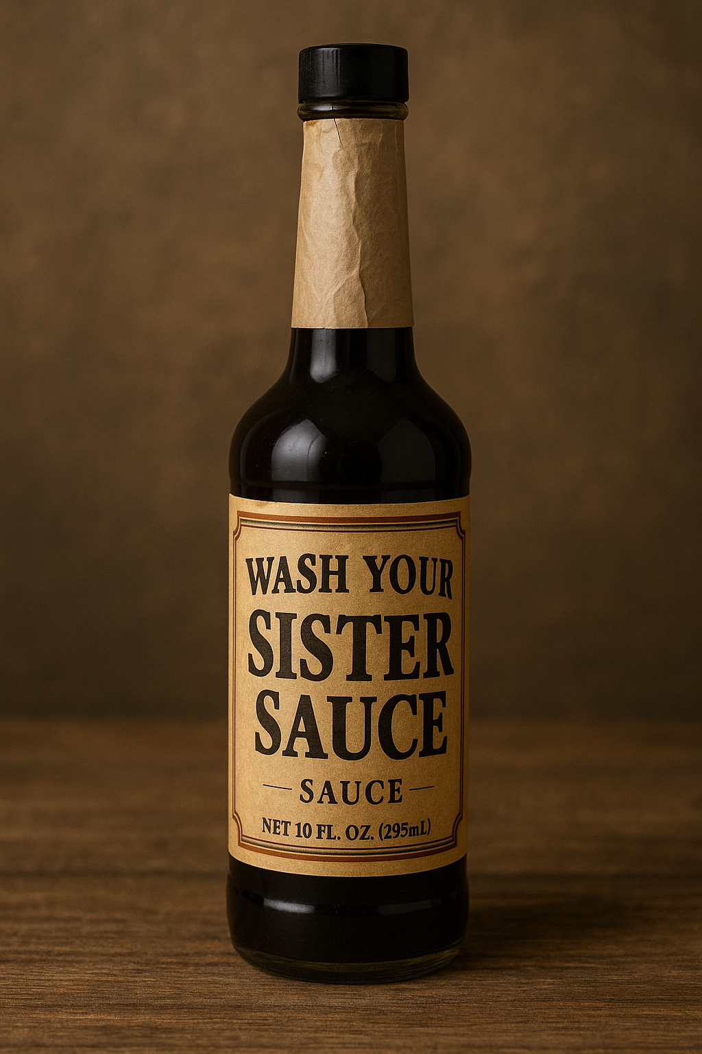 D78c539a b9ac 44c9 87d2 f0305fc27a54 Dark glass sauce bottle with a parchment style label reading wash your sister sauce in bold black typography set on a wooden surface