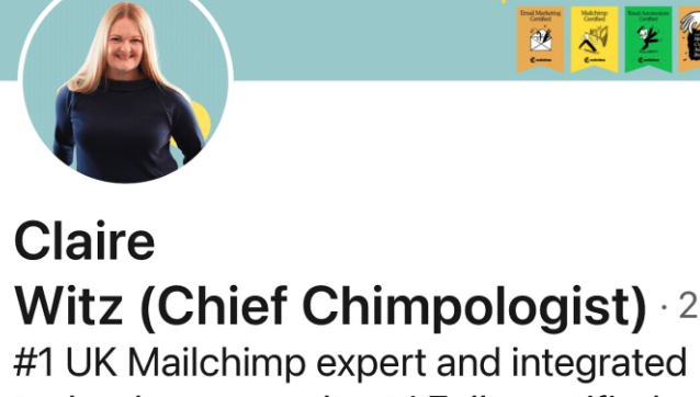 Profile header for claire witz chief chimpologist with circular avatar on a teal banner and partial headline about mailchimp expertise