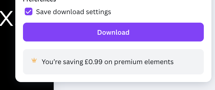 Download settings panel checked save download settings checkbox purple download button and a notice that youre saving £0 99 on premium elements
