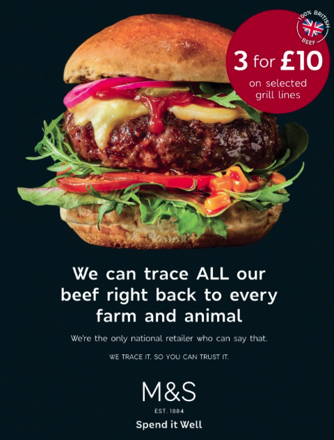 Ms burger ad a loaded cheeseburger with a red circular 3 for £10 on selected grill lines badge against a dark background