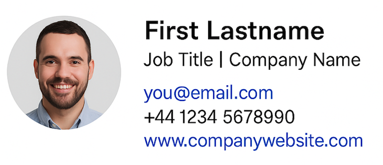 Screenshot 2025 09 18 at 19 00 38 Professional contact card round portrait on the left with the name title company and contact details on the right first lastname job title | company name youemail Com +44 1234 5678990 www Companywebsite Com