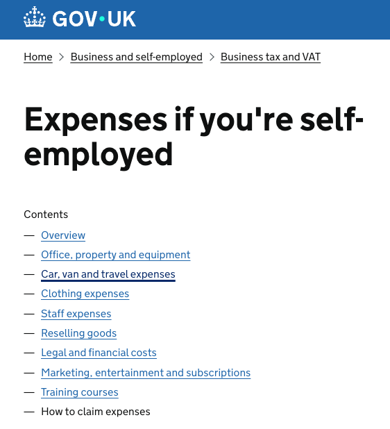 Screenshot 2025 09 15 at 15 22 03 Gov Uk page titled expenses if youre self employed with a contents list of expense categories overview carvantravel clothing staff legal costs marketing and more