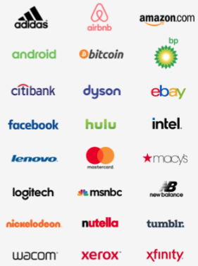 Collage of widely recognized brand logos arranged in a grid including adidas airbnb amazon bp android bitcoin citibank dyson ebay facebook hulu intel lenovo mastercard macys logitech msnbc new balance nickelodeon nutella tumblr wacom xerox and xfinity