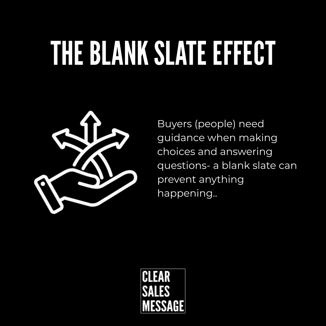 Poster style image titled the blank slate effect with a white line drawn hand and tangled arrows on a black background plus explanatory text about guiding buyers and a bottom logo reading clear sales message