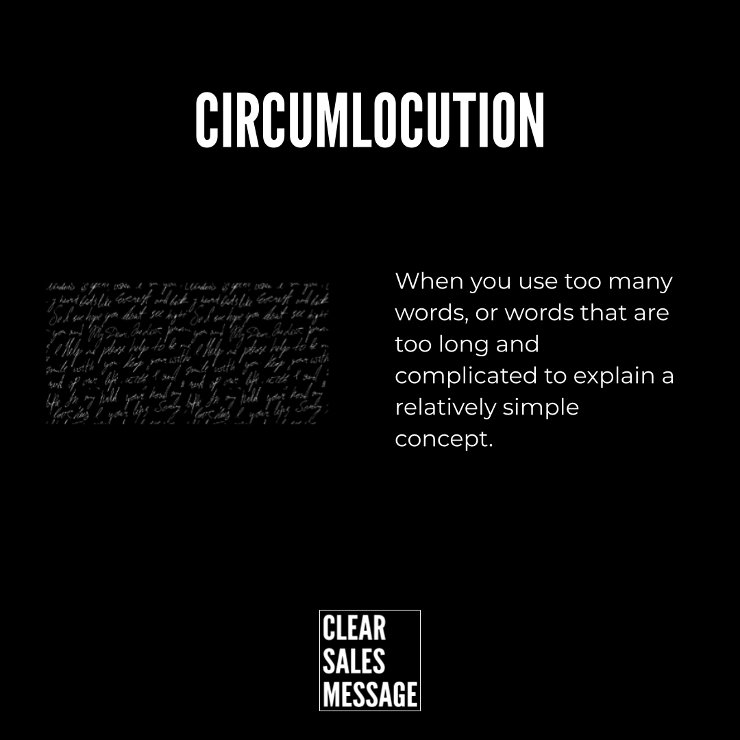Hero design stating circumlocution with a right side paragraph about overusing words a small textured text block on the left and a clear sales message logo at the bottom center