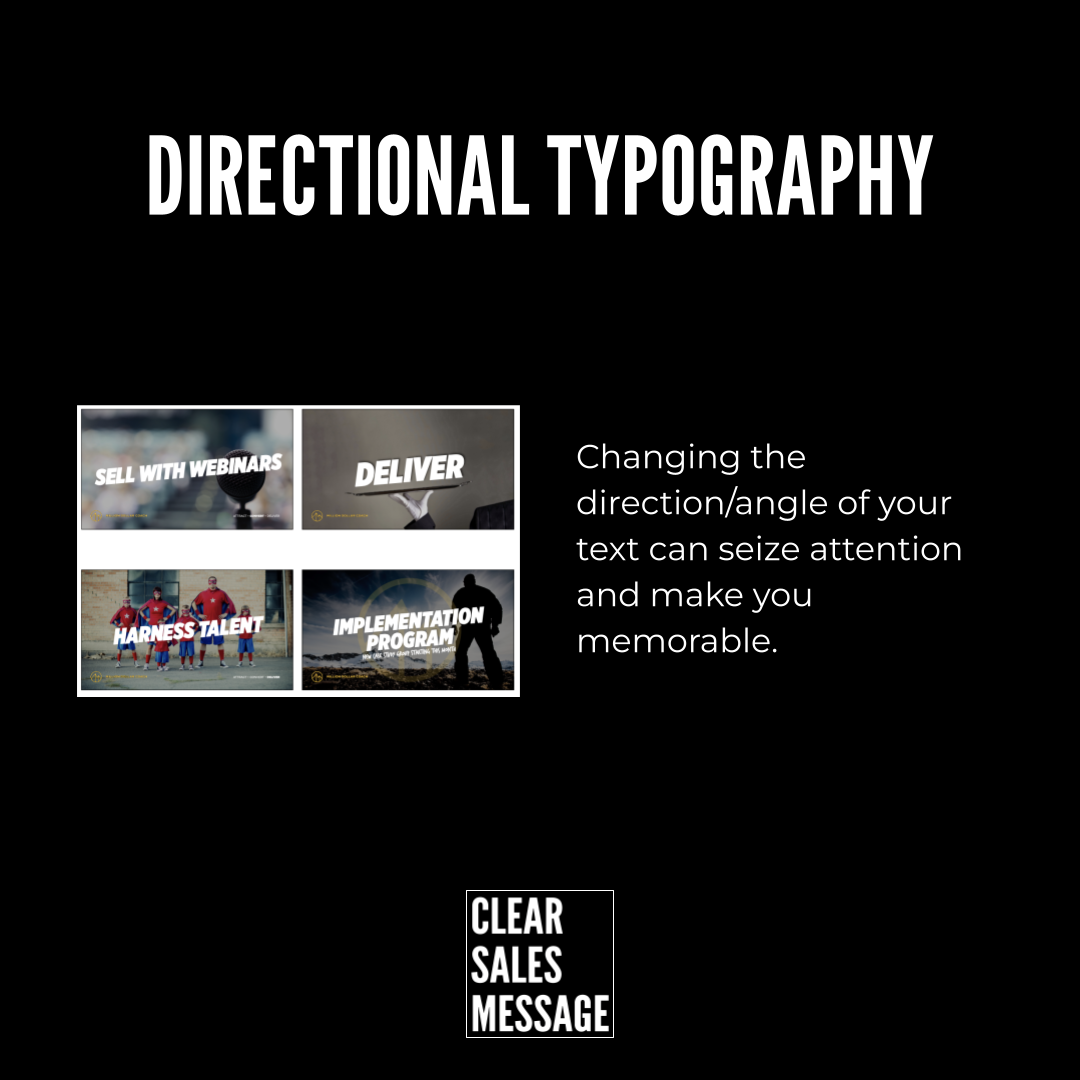 Black slide titled directional typography with a four image left collage and descriptive text on the right clear sales message logo at bottom