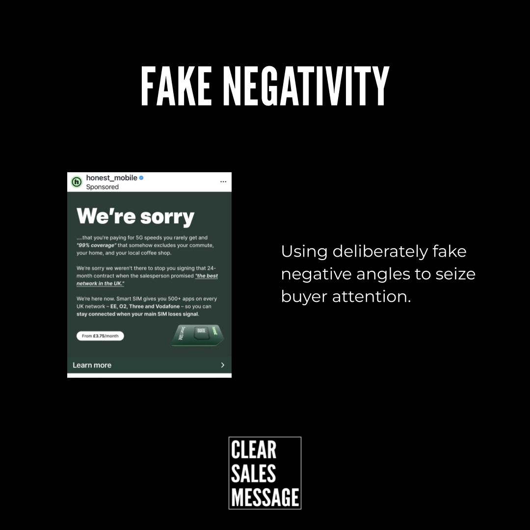 Fake negativity Slide with bold fake negativity on black background left shows an ad screenshot saying were sorry right contains critique text about fake negative angles and bottom shows clear sales message logo