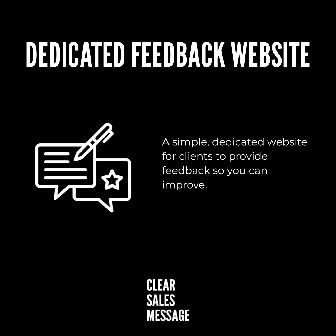 Feedback website Bold white title dedicated feedback website on black background with a left chat bubble and pencil icon and a right side paragraph describing a simple feedback site clear sales message logo at bottom center