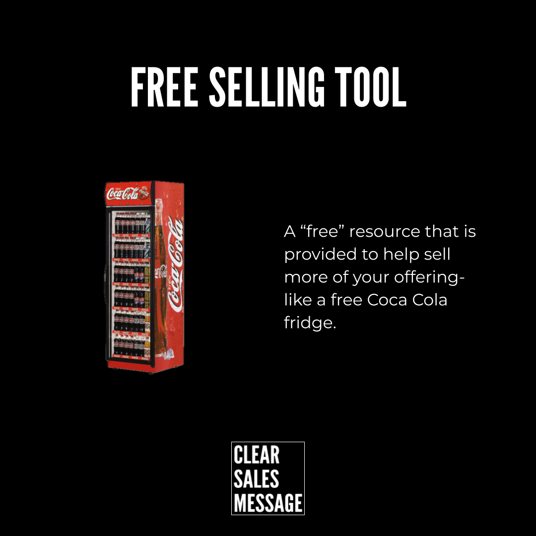 Free selling tool Black page with a large free selling tool heading a red cocacola vending fridge on the left and a right side paragraph about a free resource to boost sales clear sales message logo at the bottom