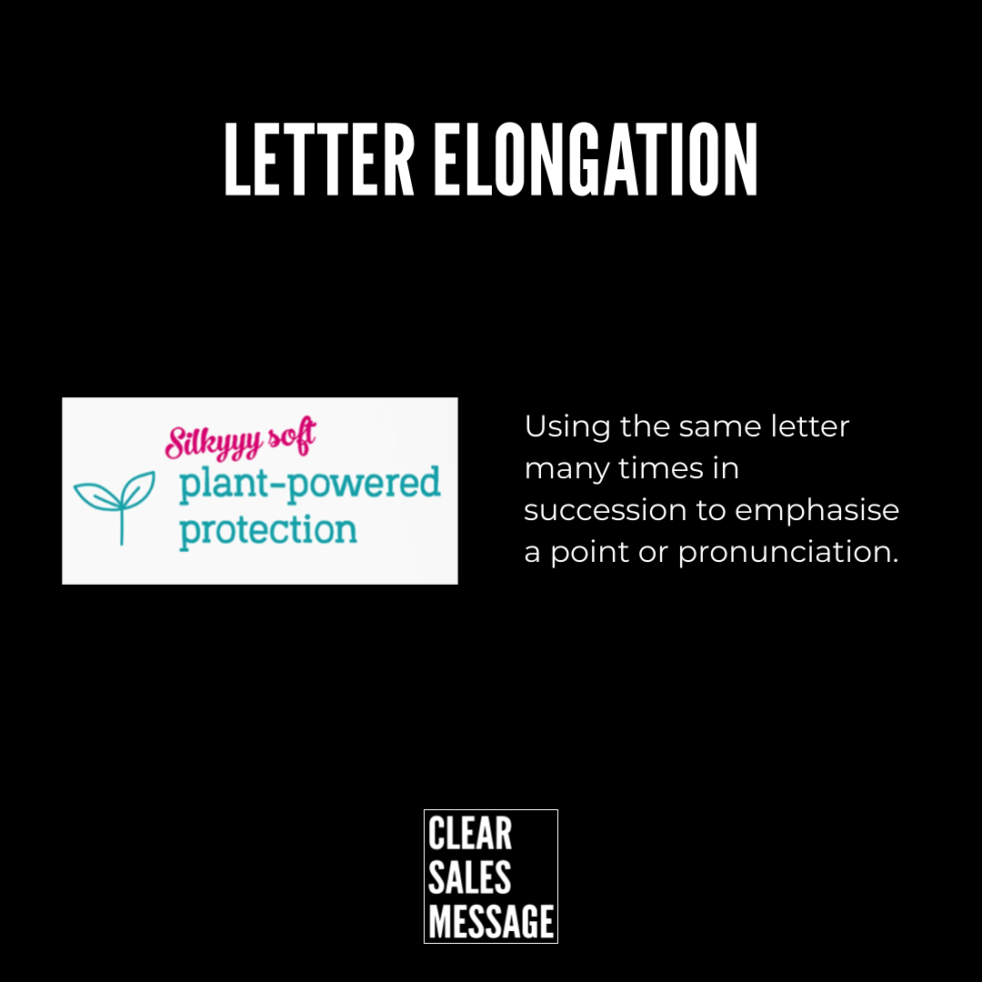 Slide titled letter elongation left logo for plant powered protection with a plant icon right text explains using repeated letters for emphasis bottom clear sales message logo