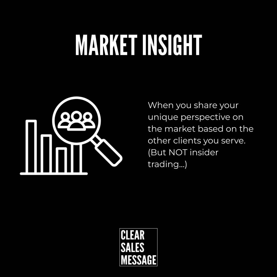 Market insight Black background with the headline market insight left graphic shows a bar chart with a magnifying glass over a people icon right side contains the text about sharing a unique market perspective bottom shows the clear sales message logo