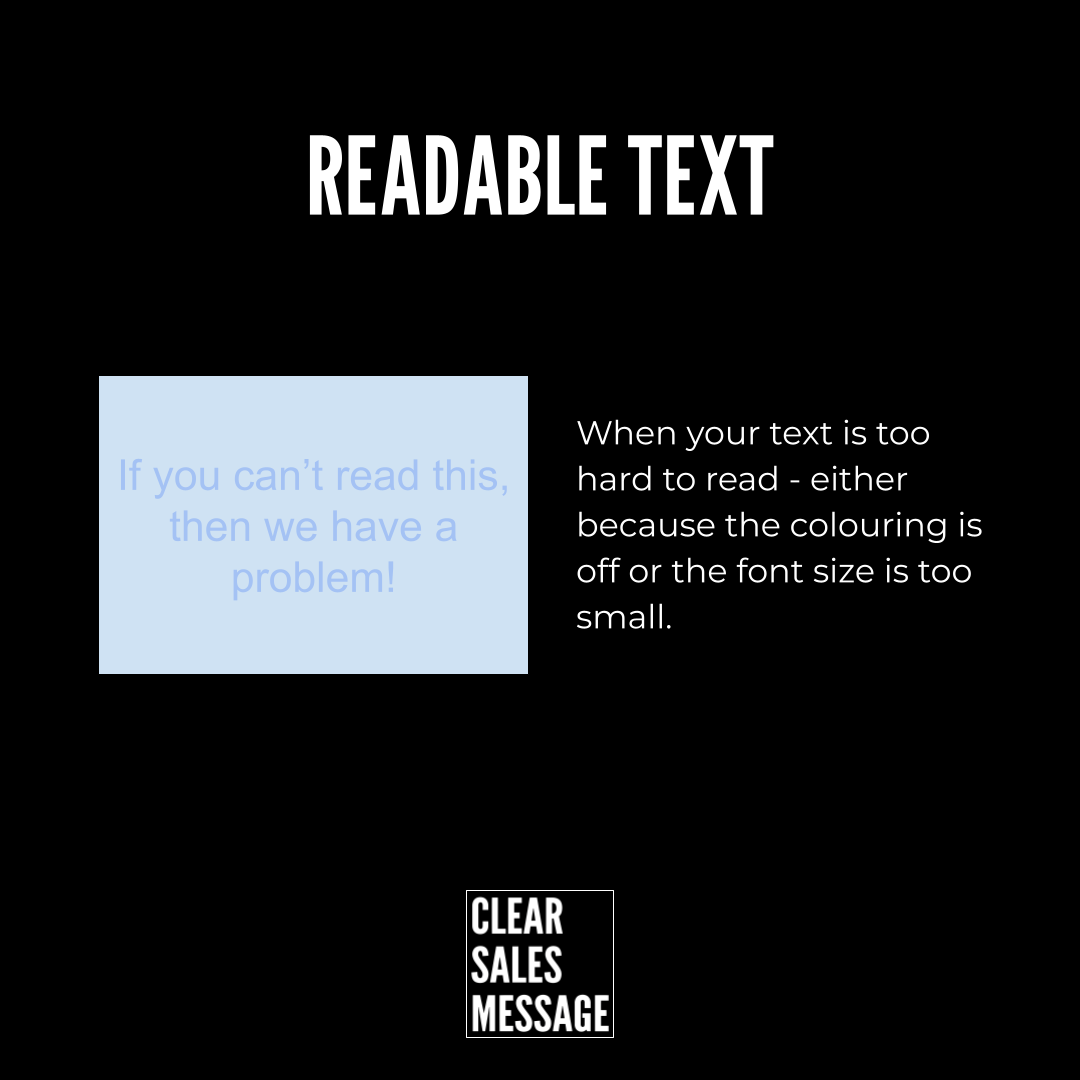 Poster about readable text bold readable text title left blue box with light blue unreadable message right explanatory paragraph about contrast and font size bottom clear sales message badge