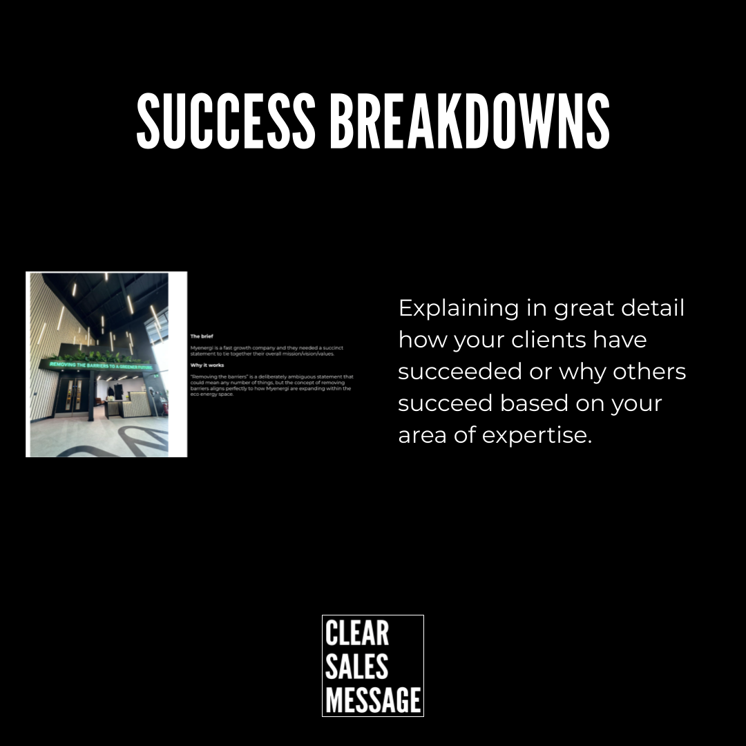 Black hero with the title success breakdowns left thumbnail of a modern interior right explanatory text about client success bottom clear sales message logo
