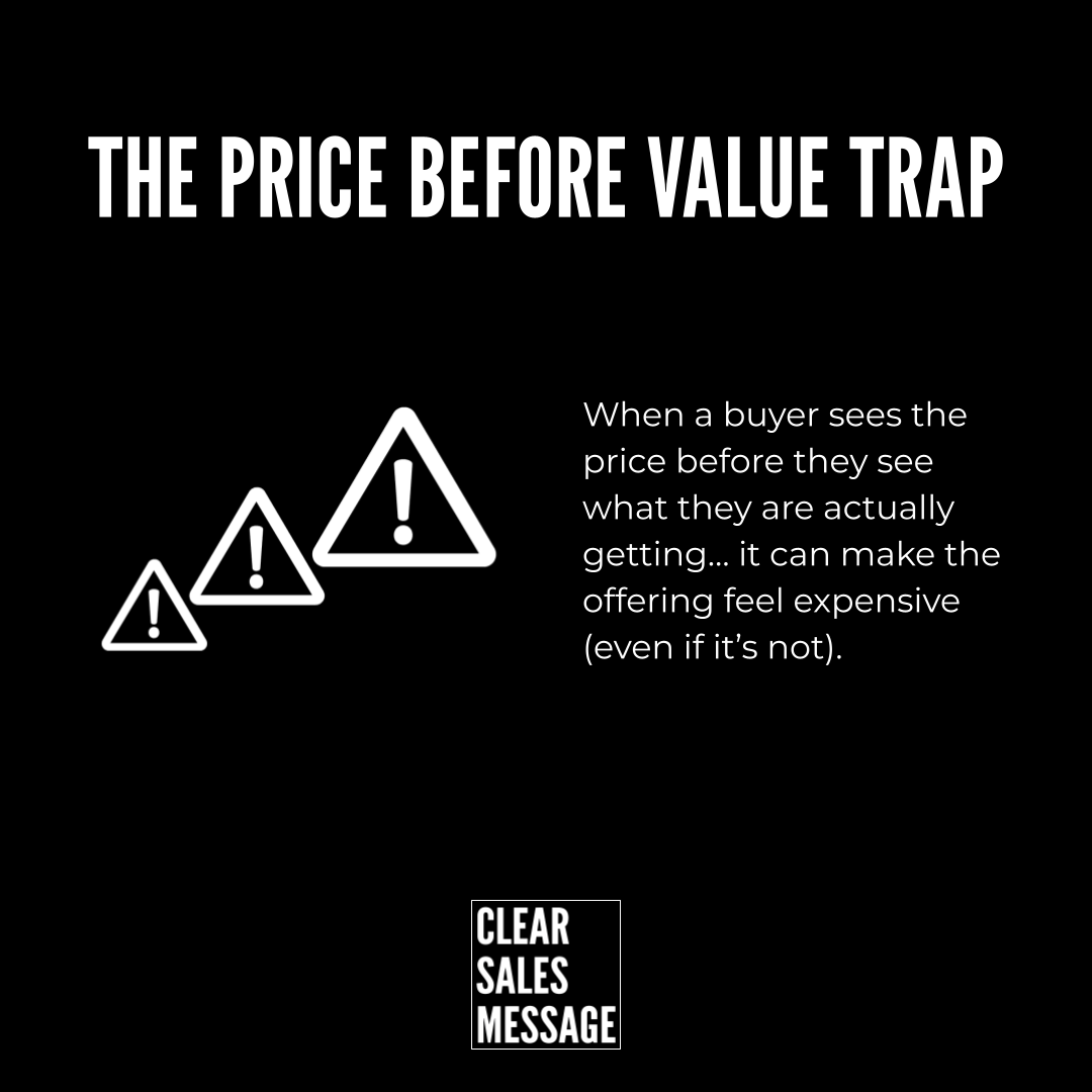 The price before value trap Black sales poster title the price before value trap with three warning icons on the left explanatory text on the right and a small clear sales message logo at the bottom center