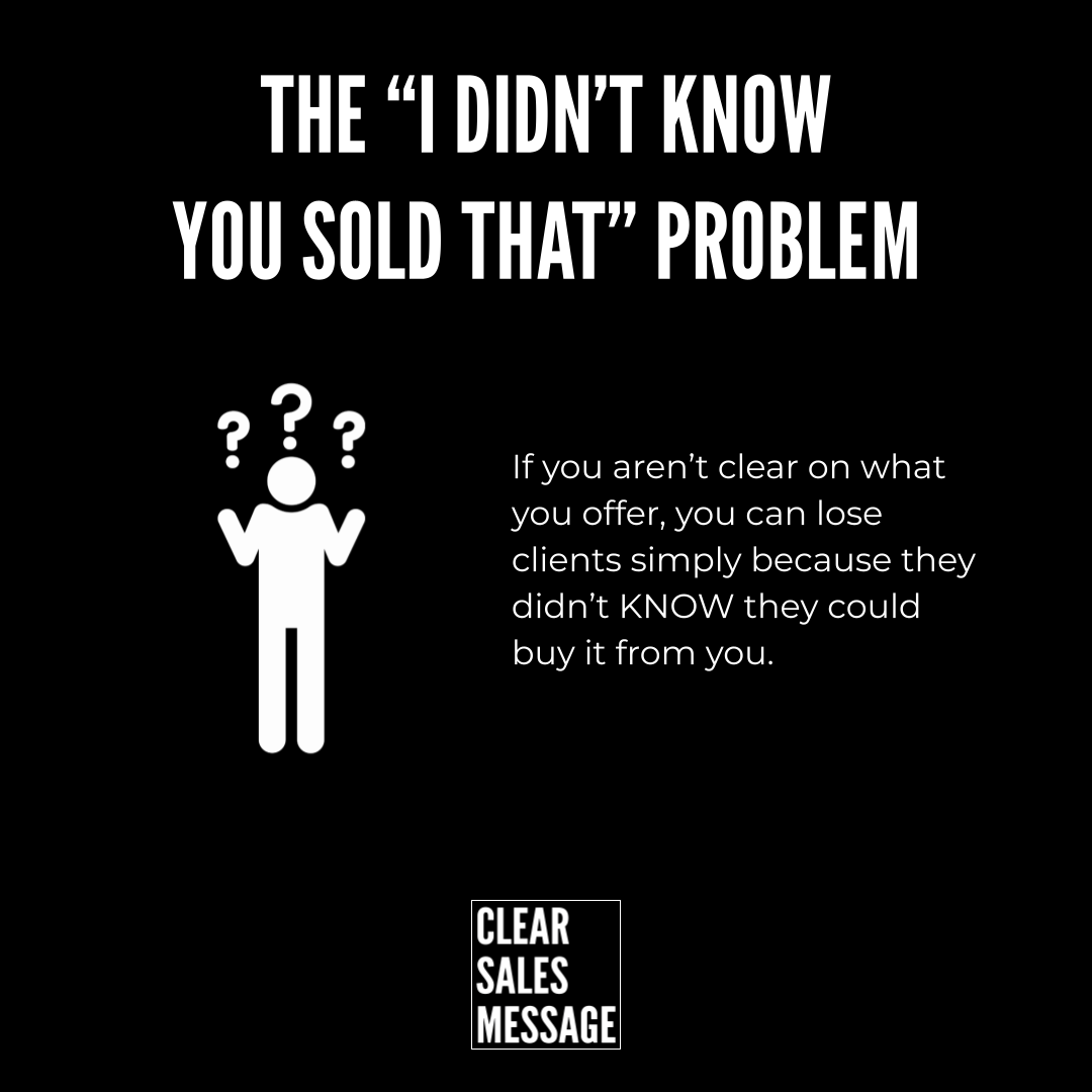Black poster with bold headline the i didnt know you sold that problem a confused stick figure icon and explanatory text about clear offers logo reads clear sales message