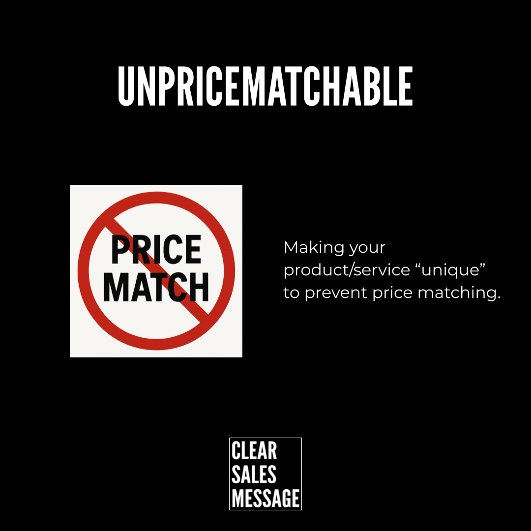 Black page with the headline unprice matchable left shows a crossed out price matching icon right explains making your product unique to prevent price matching bottom displays clear sales message logo