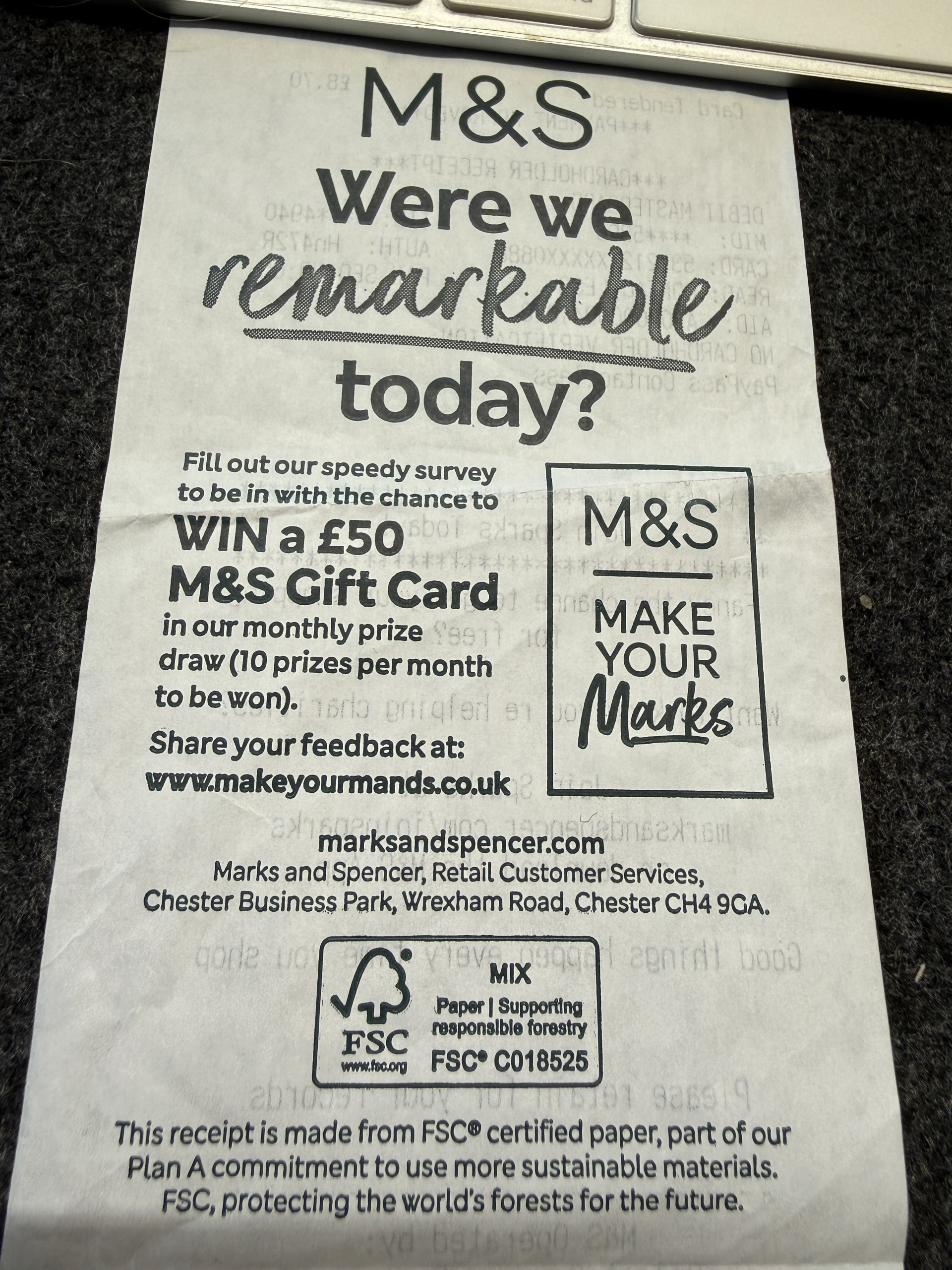 Img 9797 Close up of an ms flyerreceipt with the large question were we remarkable today and promo text including a £50 ms gift card prize and fsc logo