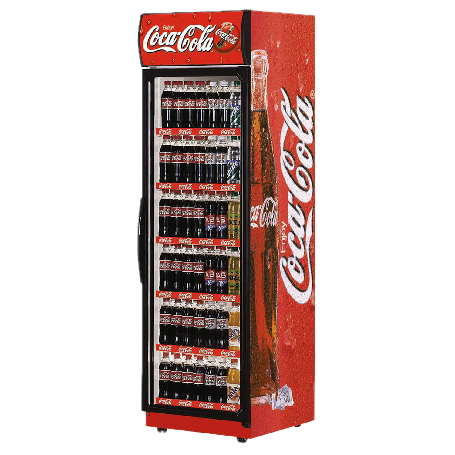 Sup76 coke 15 background removed Coca cola vending machine stocked with bottles and cans bright red branding on the sides and top panel