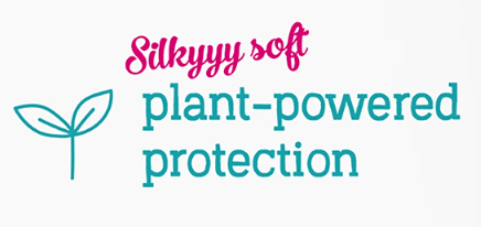 Logo reading plant powered protection in teal with silky soft in pink above and a teal plant icon to the left