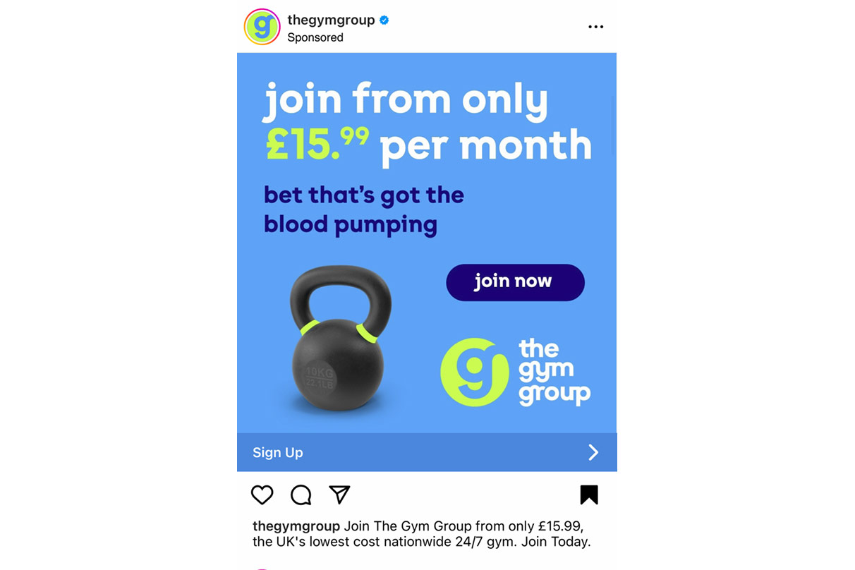 Blue gym ad from the gym group offering memberships from £15 99 per month with a kettlebell image and a join now button