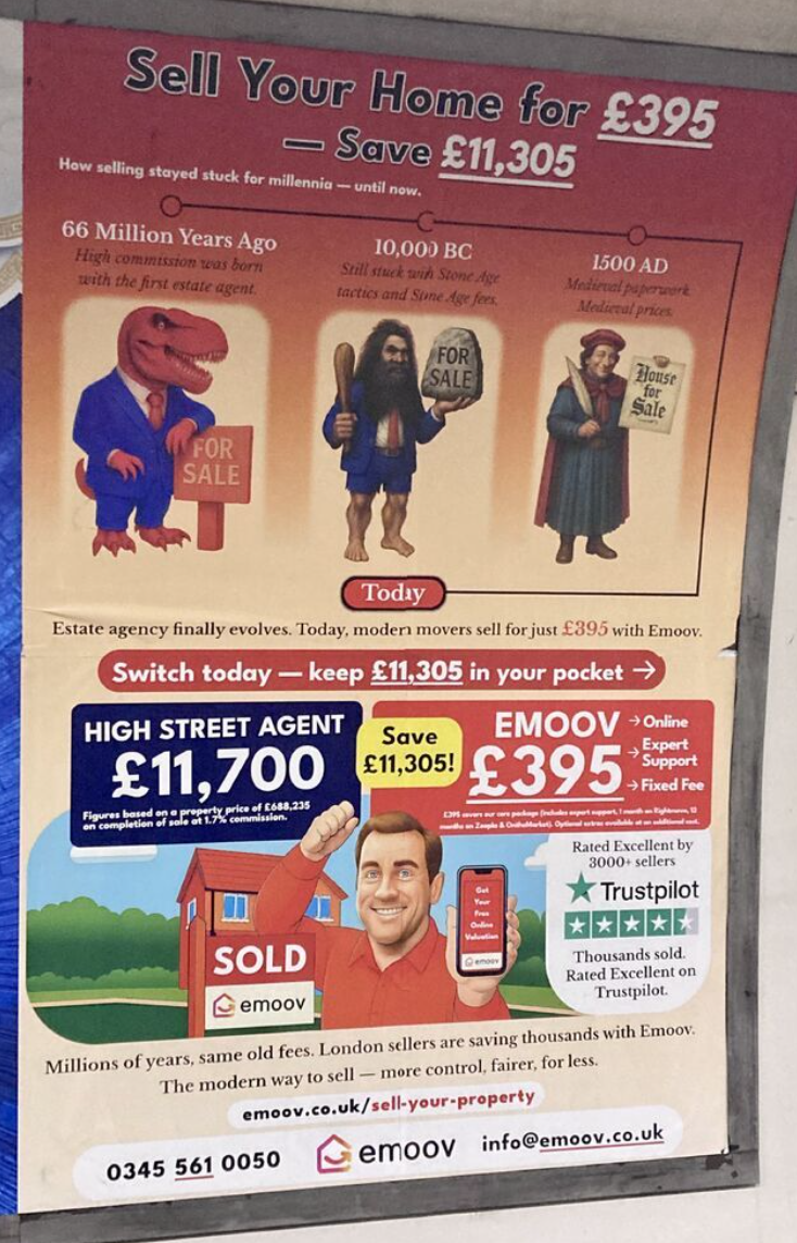 Poster advertising a low cost home selling service sell your home for £395  save £11305 with cartoon timeline and a smiling man beside a sold house plus contact details for emoov