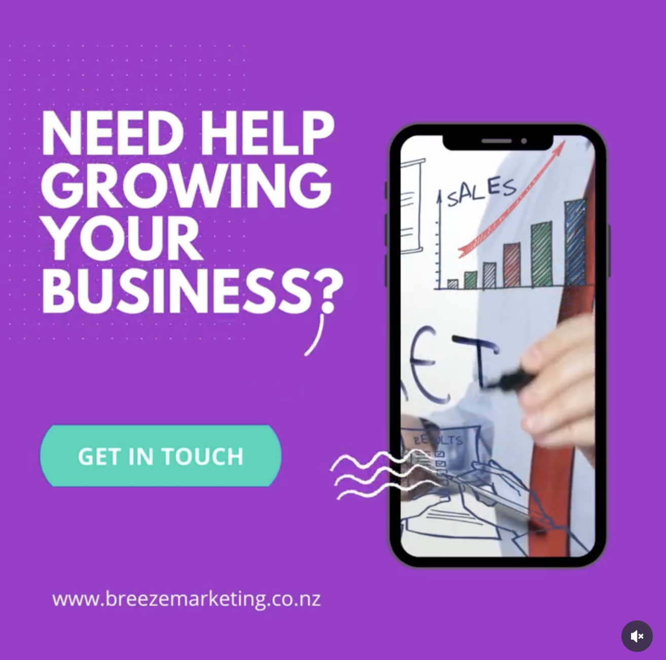 Purple advertisement asking need help growing your business  with a smartphone showing a growth chart and a teal get in touch button on the left